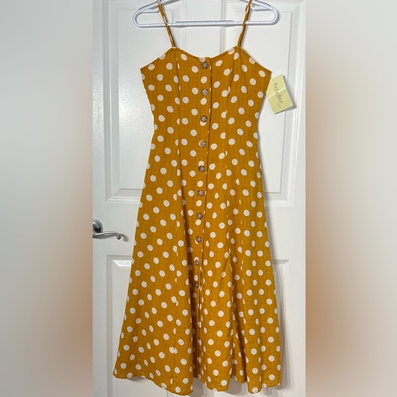 REBELLION AGAIN Mustard Yellow White
Polka Dot Print Button Midi A-Line Dress / - Picture 2 of 14